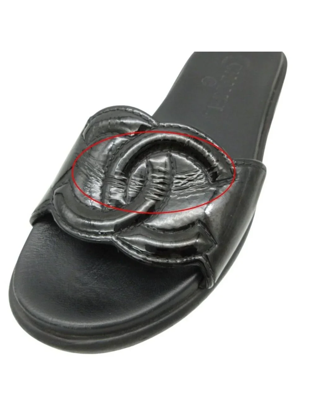 Chanel Beach Sandals Slide Flat CC Logo Enamel Patent Leather Black
